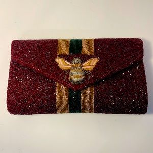 Handcrafted Tiana beaded honey bee purse clutch, wine color, gold & green NWT